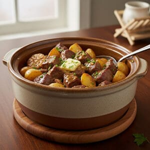 Slow Cooker Garlic Butter Beef Bites & Potatoes